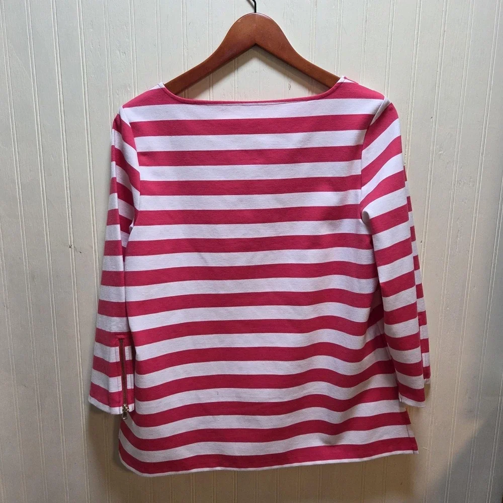 Talbots Shirt Womens Large Pink White Stripe Boat Neck 3/4 Sleeve Zip Cuff Tunic - Picture 3 of 7